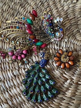 Multicolor Peacock pendant and hair Pins- Green, Blue & Gold Accent